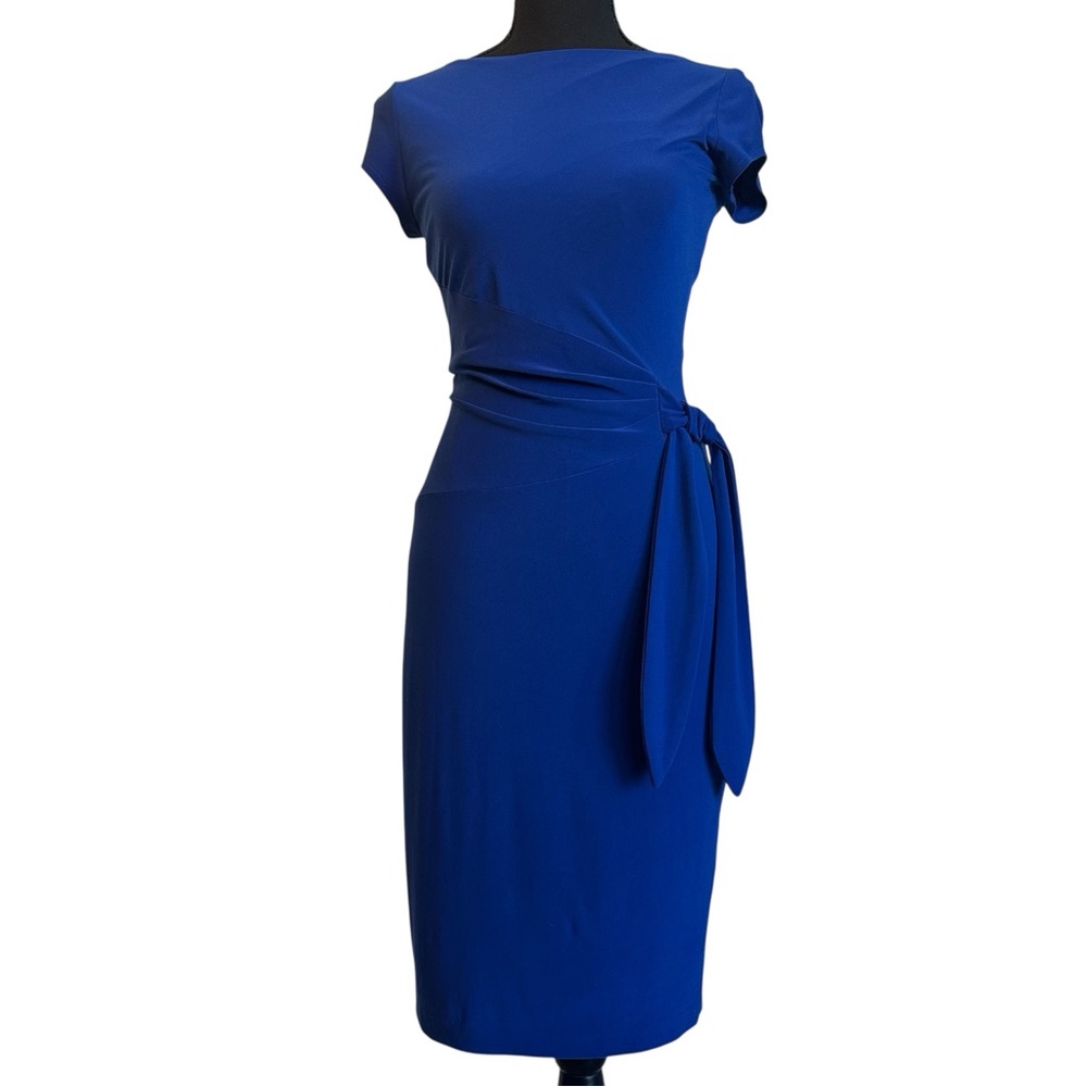 Y2K CACHE Royal Blue Wrap-Style Sheath Dress – Size S – Belted Midi